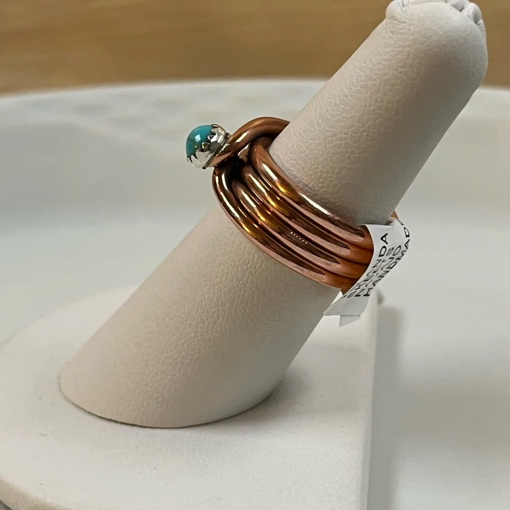 Navajo Handmade By Yolanda Skeets Coiled Copper and Turquoise Ring Size 6